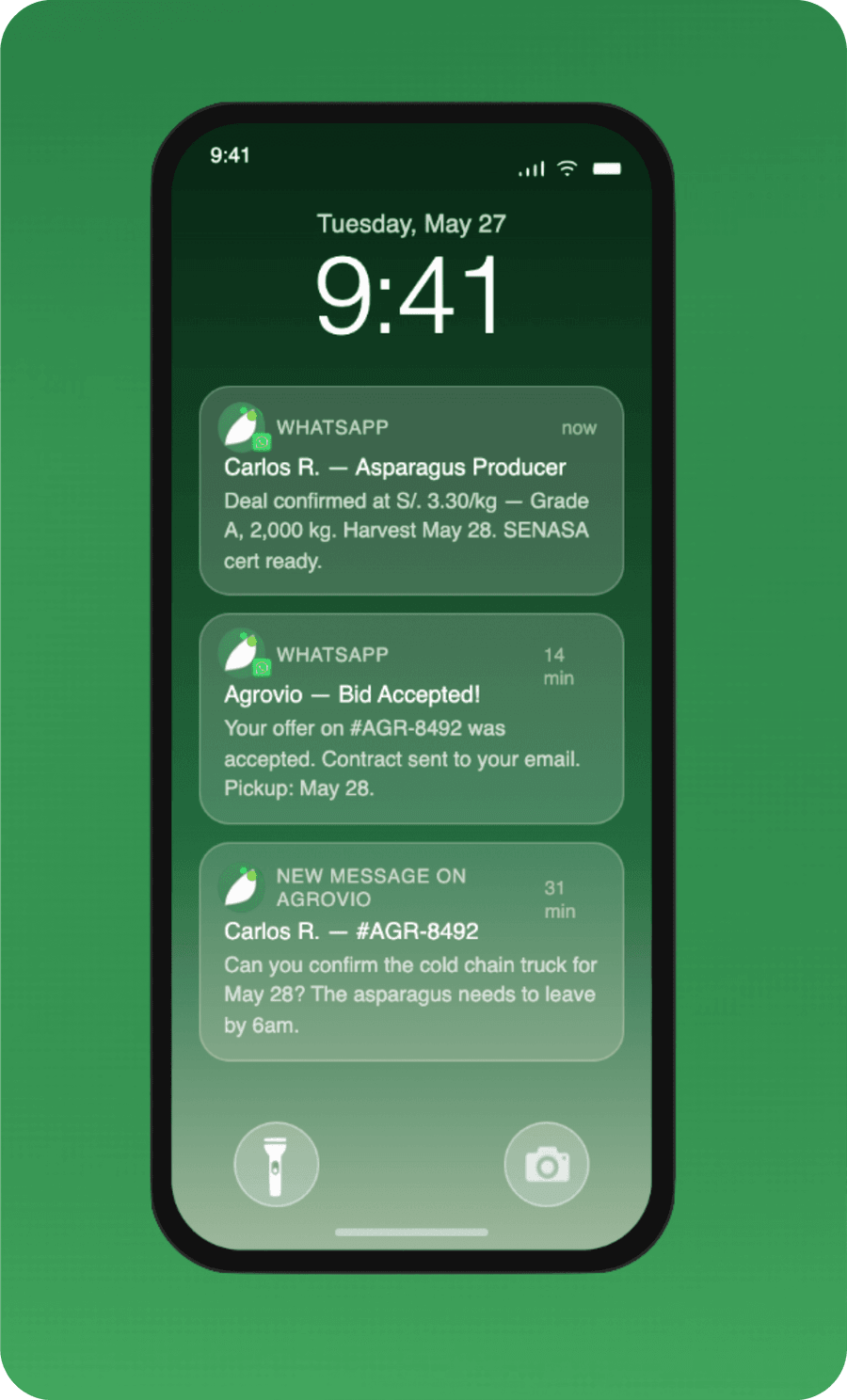 WhatsApp and in-app notifications alerting a buyer to newly listed produce that matches their sourcing preferences