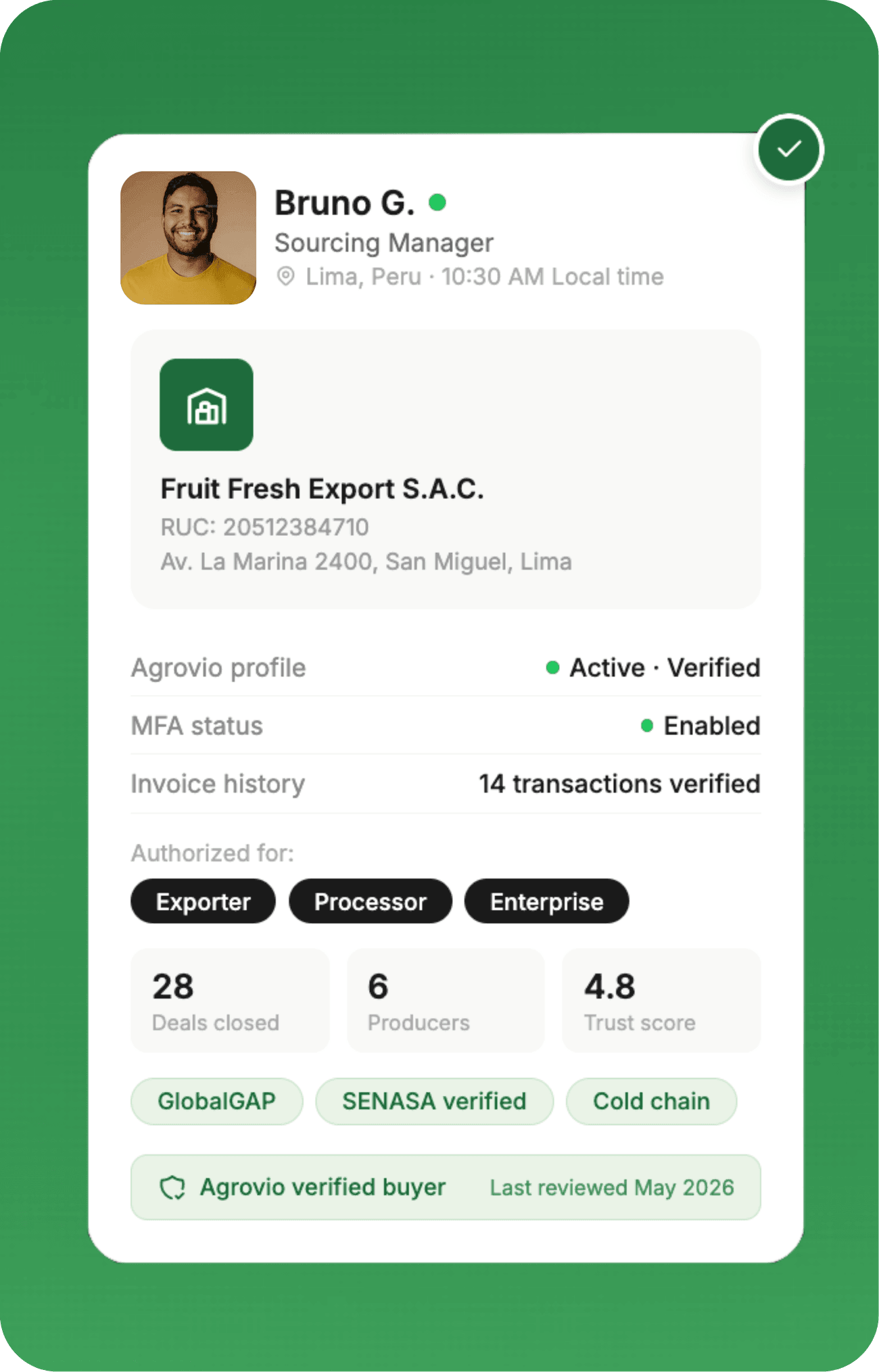 A verified Agrovio buyer profile showing company registration, MFA status, transaction history, and trust score