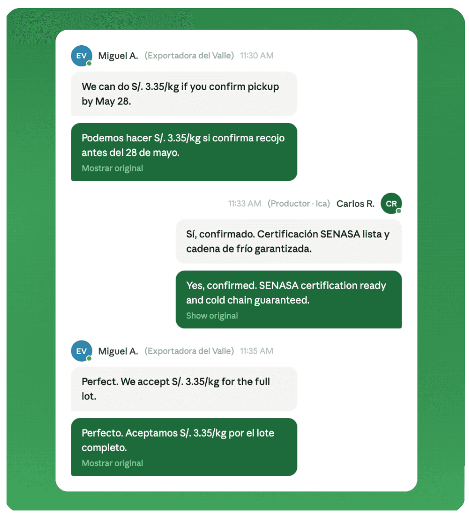 A bilingual buyer and producer negotiating a deal inside Agrovio Chat