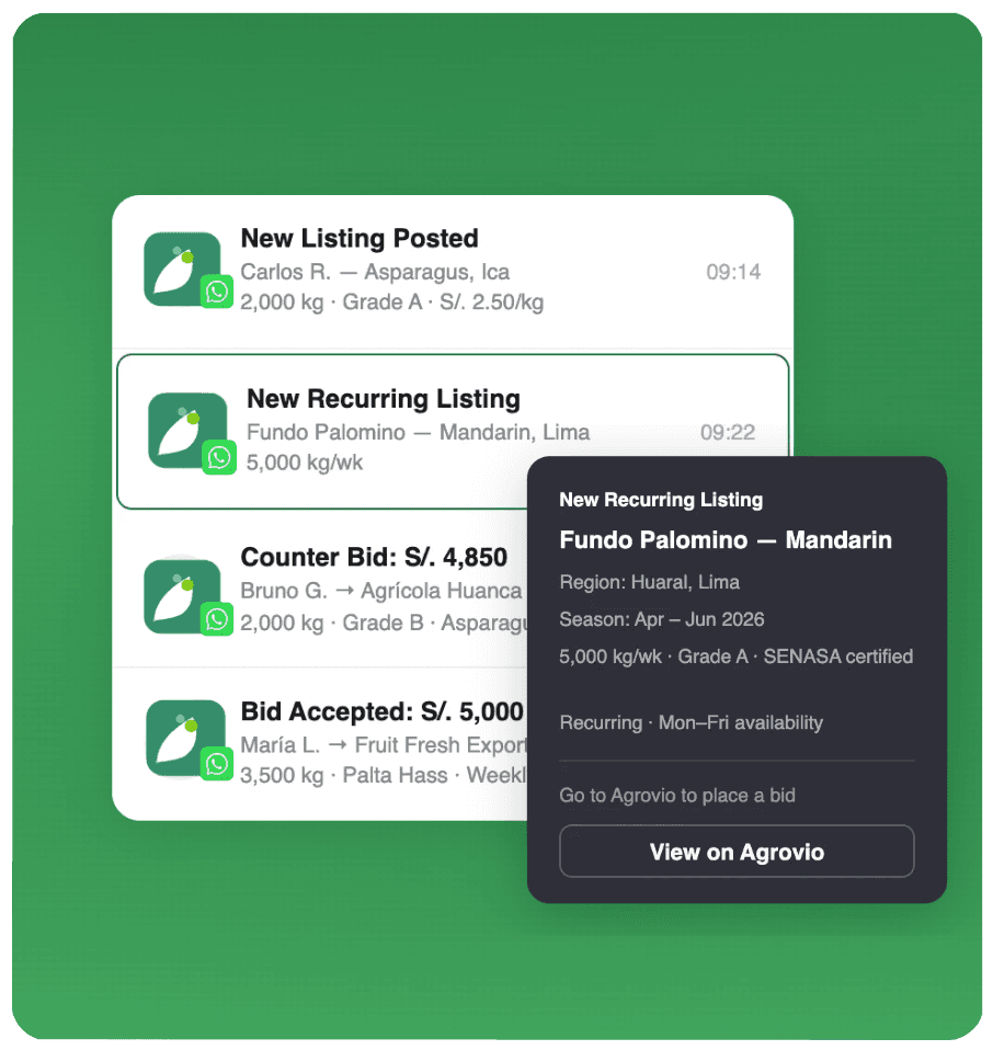 WhatsApp and in-app notifications alerting a producer to new buyer demand