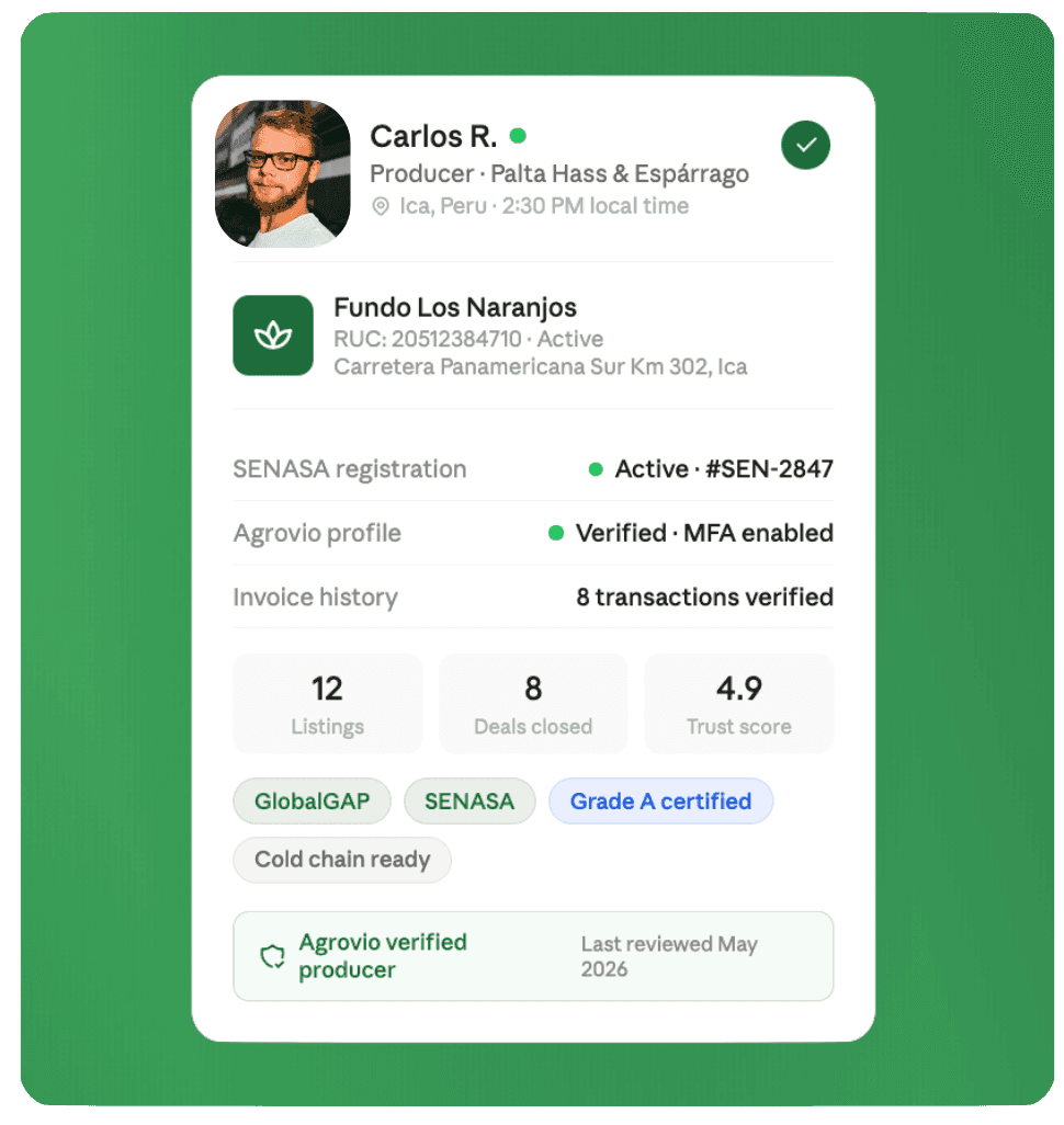 A verified Agrovio producer profile with SENASA registration and trust score